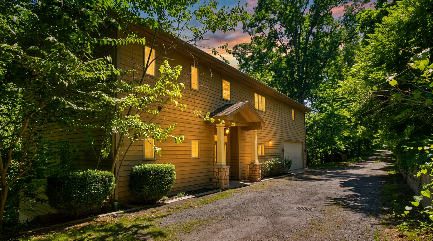 The River Run Retreat exterior at golden hour